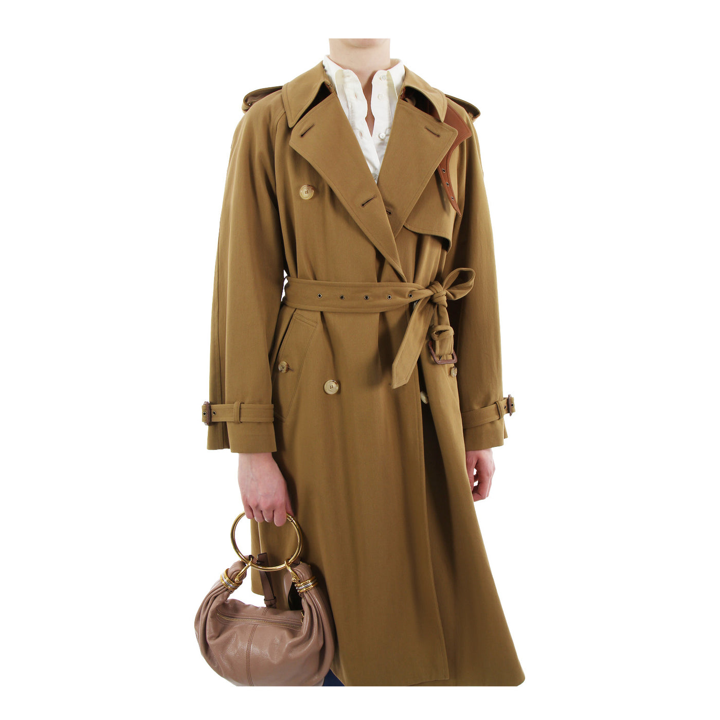 Trenchcoat aus Baumwollgabardine mit Lederbesatz